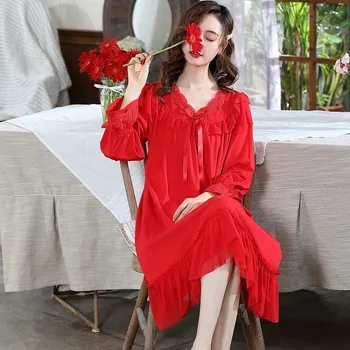 2024 m. Naujas Didelis Raudonas Pajama Sijonas Moterų Rudenį Grynos Medvilnės Ilgas Rankovėmis Nightgowns Pavasario Mergaitės Plonos Medvilnės Vestuvės Sleepshirts