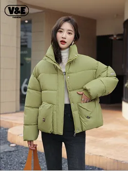 VailElagent Naujų Korėjos Ilgomis Rankovėmis Puffer Jacket Žiemos Kietas Parkas Moterų Storas Šiltas, Purus Kailis Didelės Kišenės Trumpas Viršūnes, Paltai