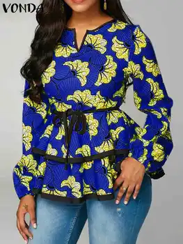 VONDA 2023 Mados Bohemijos Moterų Palaidinė ilgomis Rankovėmis Susiėmę Marškinėliai Rudens Derliaus Gėlių Spausdinti Tunika Viršūnes Atsitiktinis Blusas Femme