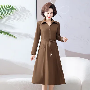 Korėjos rudens ilgomis Rankovėmis Midi-Line, Marškinėliai Suknelė Moterų Mados Reguliuojamas Juosmens Atsitiktinis Suknelės Office Lady Atsitiktinis Vestidos Muj