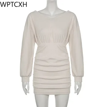 2024 M. Pavasario Korėjos Mini Suknelė Moterims Seksualus V-Kaklo Džemperis Mados Elegantiškas Bodycon Suknelės Ilgomis Rankovėmis Plisuotos Skraistės Mezgimo Vestidos