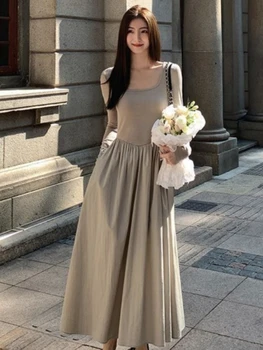 Suknelės Moterims 2023 Rudenį Kvadratinių Kaklo Ilgio Rankovėmis Megzti Suknelę su Juostos ir Lieknėjimo Ilgos Suknelės Elegantiškas Aukštos Skraiste