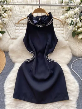Elegantiškas Mini Suknelės Moterų Sunkiosios Deimantų Tuščiaviduriai Iš Prancūzų Stiliaus Susiėmę Apykaklės Slim Rankovių Off Peties Juoda Sexy