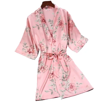 Seksualus Mini Rožinė Kinijos Tradicinės Moterų Šilko Skraiste Naujovė Kimono Yukata Pižama Spausdinti Gėlių Pižamą Dydis M L XL D129-02