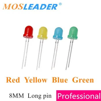 Mosleader 8MM LED 500PCS Žalia Geltona Raudona Mėlyna Skaidri Skleidžiamą Spalvą paversti spalvos, Apvalios viršuje Ilgas smeigtukai DIP LED