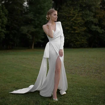2023 Baltos Vieną Petį Eveing Suknelės Ilgomis Rankovėmis Bridal Gown Dress Padalinta Elegantiškas Beach Party Vestido De Noiva