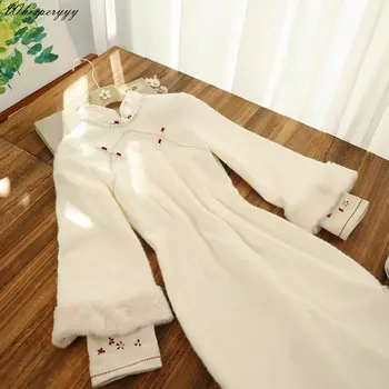 Iki 2023 m. Rudens ir Žiemos Naujas Moterų Qipao Elegantiška Vintage Stiliaus Vilnos Sutirštės ilgomis rankovėmis Cheongsam Tradicija, vakarines Sukneles