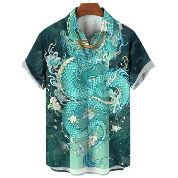 Vasaros vyriškų Socialinės Atsitiktinis Derliaus Gėlių Havajų Negabaritinių Trumpas Rankovės Marškinėliai Street Prabanga Dragon Modelio Elementas Drabužių Karšto