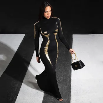 Aukso 3D Kūno Spausdinti Bodycon Juoda Ilga Suknelė iki 2023 m. Rudens Žiemos Moterų Golfo Visą Rankovės Bodycon Klubas Šalies Skraiste Streetwear