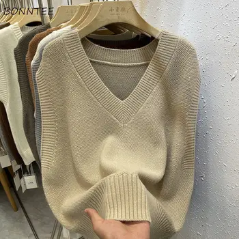 Megztinis Marškinėliai Moterims Palaidų montavimo Derliaus Spalvinga Paprasta Rudenį Japonų Stiliaus Visas rungtynes, Atsitiktinis Ins V-kaklo, Kieta Naują Atvykimo BF