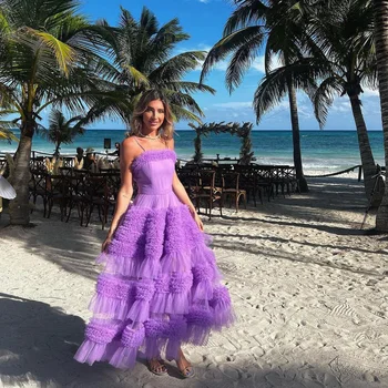 Gana Levandų Raukiniai Prom Dresses Kulkšnies Ilgis Tiulio-Line Šalis Suknelė Paplūdimio Atostogų Vasaros Chalatai Vestidos De Fiesta