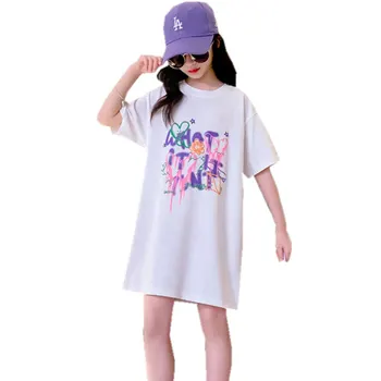 Marškinėliai Paauglių ir Vaikų Drabužiai Vasaros Baby Girls Cartoon Modelio Spausdinimo Atsitiktinis Marškinėliai Suknelė Naują korėjos O-Kaklo Kostiumai