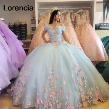 Lorencia Mėlyna Blizgučiai Quinceanera Suknelę Kamuolys Suknelė Rožinės spalvos 3d Gėlių Aplikacijos Duobute Meksikos Saldus 16 Vestidos De 15 Años YQD590