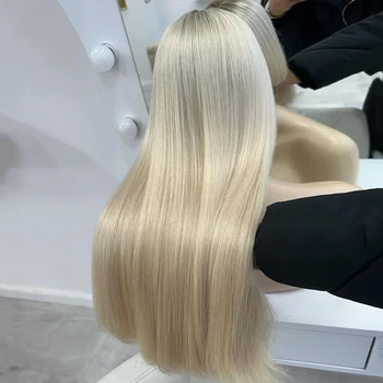 Šviesos Šaknys Platinum Blond Plaukai Visiškai Nėriniai Perukas 100% Grynas Žmogaus Plaukų 30