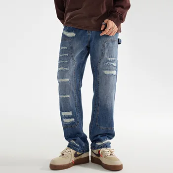 Vyriški palaidi tiesus vamzdis atsitiktinis plauti dėvėti džinsus su mados prekės ženklo high street daryti senas rudens ir žiemos naujos kelnės