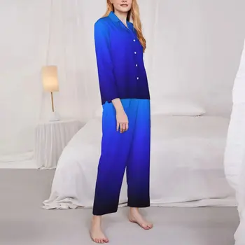 Spalvinga Ombre Pižama Moterų Šiuolaikinės Aqua Blue ir Black Retro Miegamasis naktiniai drabužiai Rudenį 2 vnt Atsitiktinis Negabaritinių Pajama Rinkinys