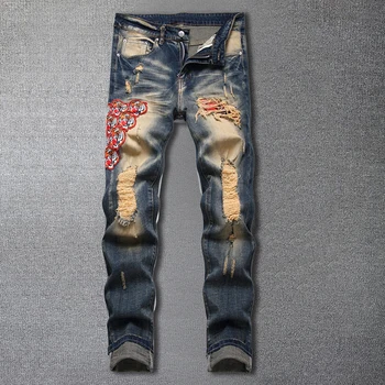 Naujas Stilius Blue Hole Siuvinėjimo Tigro Galva Jeans vyriški High Street Elastinga Džinsinio Slim Kelnės Mažų Kojų Punk Rock Kankina Vyrų Džinsai