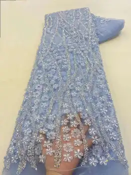 Mėlyna Afrikos Blizgančiais Nėrinių Audinio 2023 Aukštos Kokybės Nigerijos Karoliukai Siuvinėjimo Prancūzijos Tiulio Nėrinių Audinio Vestuvinė Suknelė, Siuvimo