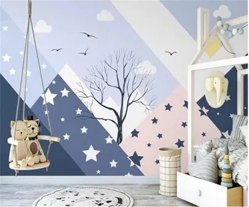 Individualų animacinių filmų freskos Šiaurės šalių šiuolaikinės ranka-dažytos geometrinis vaikų kambario foną tapetai sienų apdaila