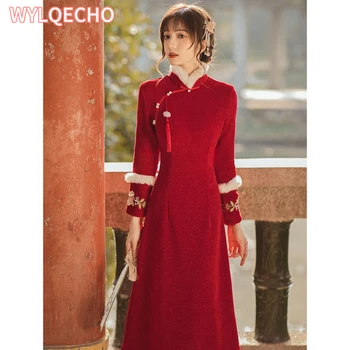 Moteris Raudona Pagerėjo Cheongsam Šalis Suknelės Naują Pavasario Ir Rudens Gėlių Siuvinėjimas Tirštėti Kinų Stiliaus Plonas Qipao Nuotakos