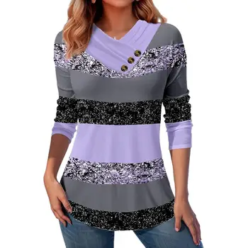 Elegantiškas 3d Spausdinimo Marškinėliai Colorblock Mygtuką Dekoro 3d Spausdinimo ilgomis Rankovėmis Soft Plus Size Vidurio Ilgio Megztinis Moterų V-Kaklo Rudenį