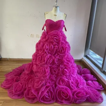 Ryškus Fuksija 3D Gėlių Vestuvių Suknelės Su Gėlių Ilgai Šydas 100% Realus Vaizdas Tiulio Ilgai Prom Chalatai Rankų darbo Vestuvinės Suknelės