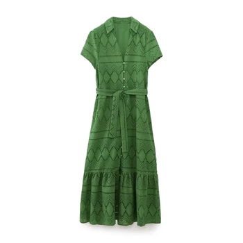 2024 m. TRAF Moterų Žalia Išsiuvinėti Midi Suknelė Elegantiškas Tuščiaviduriai Iš Atvartas trumpomis Rankovėmis Suknelė Moteris Mados Juostinės Mygtuką Suknelės Naujas