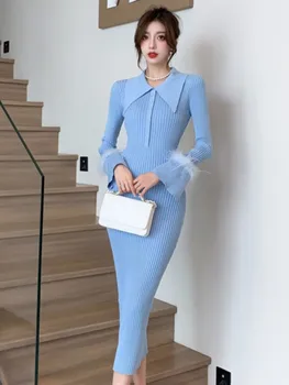Elegantiška Pūkinė Moterys Naujas Megzti Suknelę Lady Prancūzijos Derliaus Plonas Juosmens Rudenį Midi Drabužius 2023 Žiemos Mados Šalis Komplektai