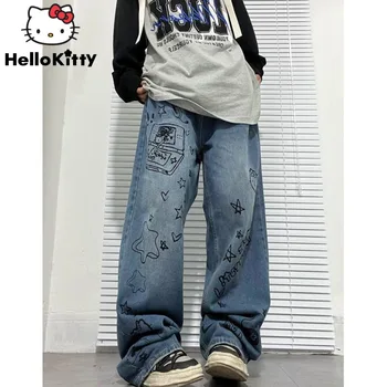 Sanrio Hello Kitty Grafiti Džinsai Y2k Naujas Mėlyna Aukštos Juosmens, Palaidi Tiesios Kelnės Moterims Animacinių Filmų Streetwear Tendencija Pločio Kojų Kelnės