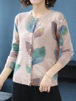 Džemperis Moterims Naujos Rudens Atsitiktinis Spausdinti Gėlių Moteris Megztiniai Megztinis Aukštos Kokybės Trikotažas Single-breasted Minkštas susagstomi megztiniai