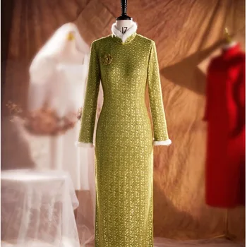 Žiemos 2023 Naujas Qipao Suknelė Moterims, Ilgai Kinų Stiliaus Cheongsam Moterų Slim Derliaus Kinijos Drabužių Elegancija Šiuolaikinės Pagerinti
