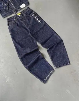 Vyrų Mados Tiesiai Pločio Kojų Baggy Jeans Y2k Hip-Hop Retro Laišką Siuvinėjimo Plauti Mėlyna Džinsinio Audinio Kelnės Cargo Džinsai Streetwear