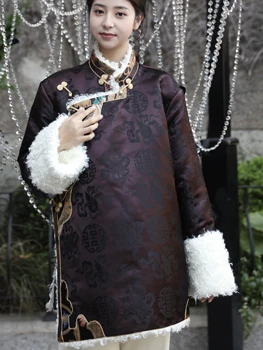 Puffer Jacket Tibeto Stiliaus Moterų Rudenį ir Žiemą, Vilnos-Liniuotas Sutirštės Trumpas Viršuje Etninės Dirbtinio Šilko Kinijos
