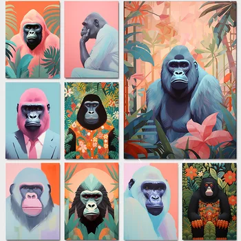 1pcs Drobės Tapybos Abstraktaus Meno Orangutan Kostiumas Gėlių Fone, Tapyba ant Sienų Apdaila, Namų Dekoro ir Interjero