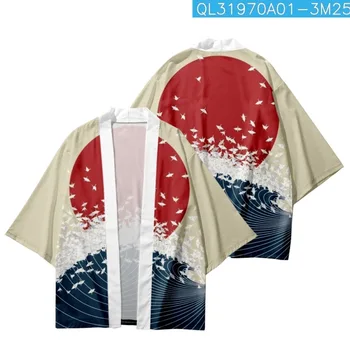 Vasaros Atsitiktinis Moterų, Vyrų, Banga Raudona Saulė Spausdinti Streetwear Japonų Kimono Paplūdimio Šortai Yukata Harajuku Cardigan
