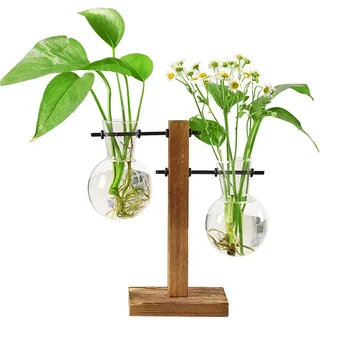 Apdailos Minimalistinio Krapų Retro Hydroponic Vaza, Stiklo Buteliukas Skaidrus Rėmelis Medinis Augalų Darbalaukio Žalia