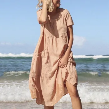 Mados O-kaklo trumpomis Rankovėmis Kietas Maxi Suknelė Moterims 2024 M. Vasaros Prarasti Atsitiktinis Medvilnės Skalbiniai Paplūdimio Ilgos Suknelės Moterims Skraiste Femme