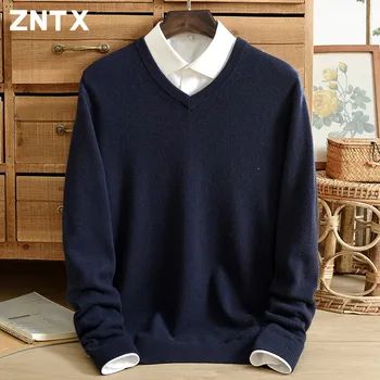 ZNTX Rudens ir žiemos vyriškų V-kaklo, 100% gryno kašmyro megztinis (puloveris) verslo atsitiktinis megztinis klasikinis vientisos spalvos jaunimo