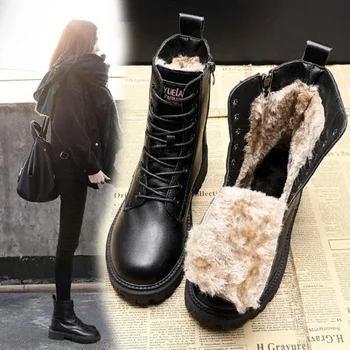 Juodos Odos Kulkšnies Įkrovos Bateliai Pliušinis Šiltas Platforma Batų Mados Britų Stiliaus Botas Žiemos Furry Batai Zapatos Para Mujeres 40