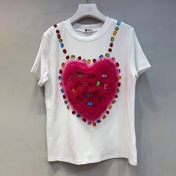 2024 m. Vasaros Marškinėliai moteriški Drabužiai Naują Diamond Blizgučiai 3D Mesh Gėlių Trumpas rankovėmis marškinėliai Viršuje Europoje ir Amerikoje