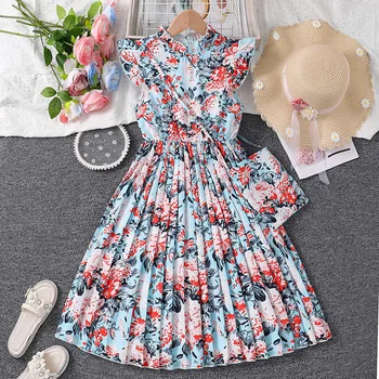 2024 Naujas Vasaros Mergaitės Suknelė Elegantiškas Retro Stiliaus Gėlių Spausdinimo Modelio Šalis Princesė Suknelė, Skirta 5-12 Metų Vaikams Laisvalaikio Suknelė