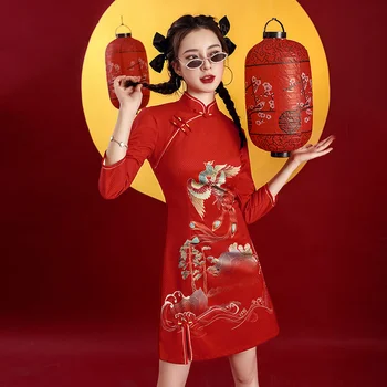 Raudona Nacionalinės Stiliaus Mados Spausdinimo Suknelė Moterims Pavasario Vasaros Cheongsam 2022 Šiuolaikinės Pagerinti Derliaus Elegantiškas Plonas Mergina Kinijos Qipao